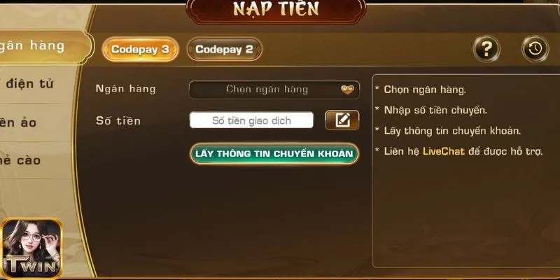 Hướng dẫn nạp tiền nhanh chóng tại cổng game Twin68