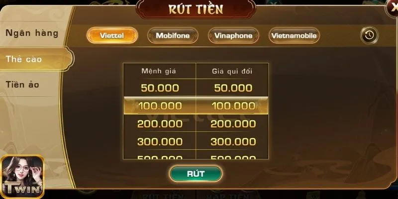Hướng dẫn chi tiết rút tiền tại cổng game Twin68